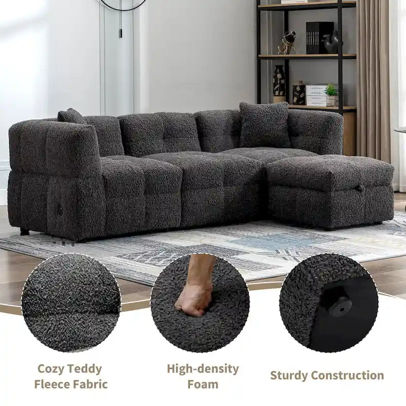 87.7  Fabric 4 Seater Sectional Sofa with Movable Ottoman, 2 USB Ports, and 2 Lumbar Pillows, Ideal for Living Room