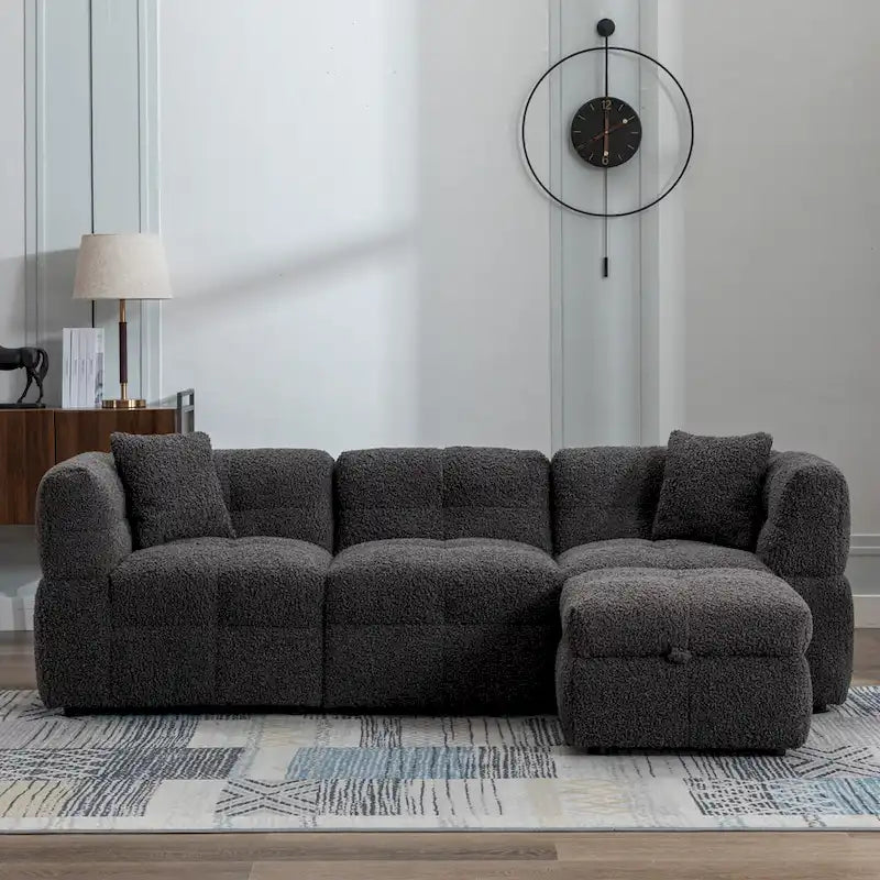 87.7  Fabric 4 Seater Sectional Sofa with Movable Ottoman, 2 USB Ports, and 2 Lumbar Pillows, Ideal for Living Room