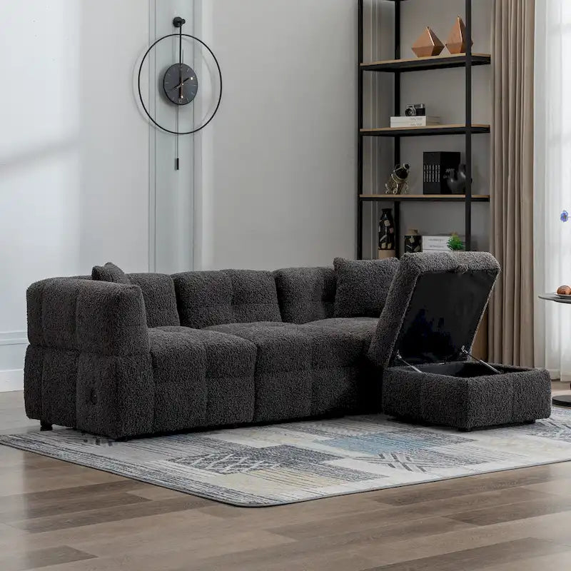 87.7  Fabric 4 Seater Sectional Sofa with Movable Ottoman, 2 USB Ports, and 2 Lumbar Pillows, Ideal for Living Room