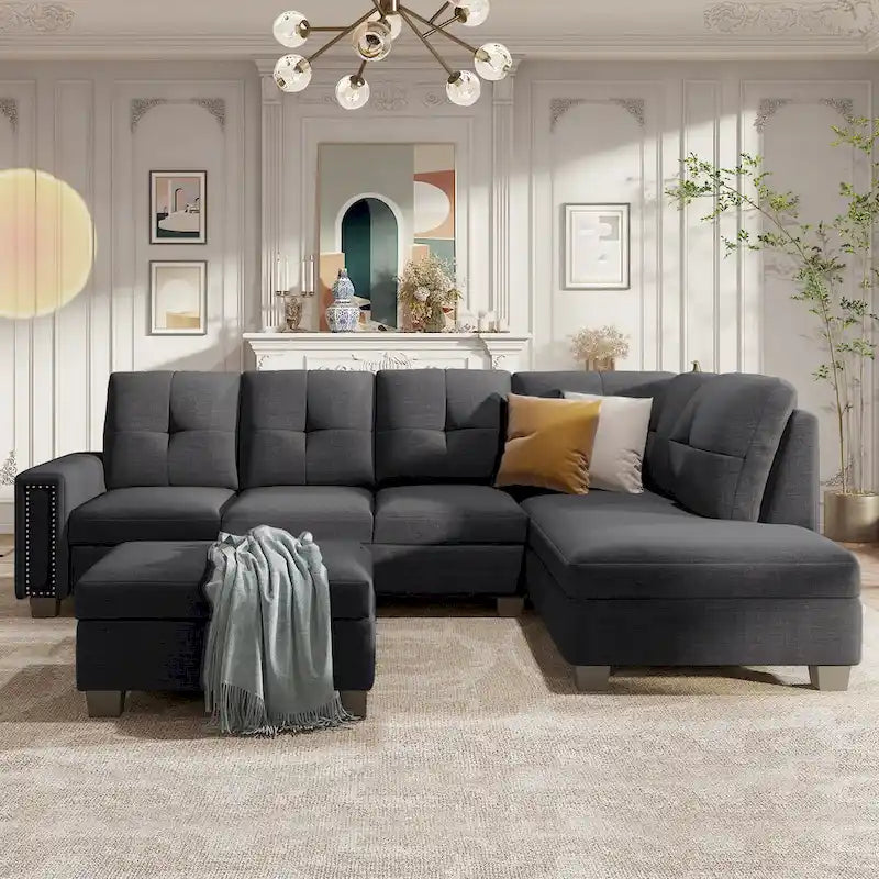 Grey 105.2  Reversible L-Shaped 6-Seater Sectional Sofa with Storage Ottoman and Cup Holders, Space-Saving Linen Design