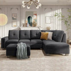 Grey 105.2  Reversible L-Shaped 6-Seater Sectional Sofa with Storage Ottoman and Cup Holders, Space-Saving Linen Design