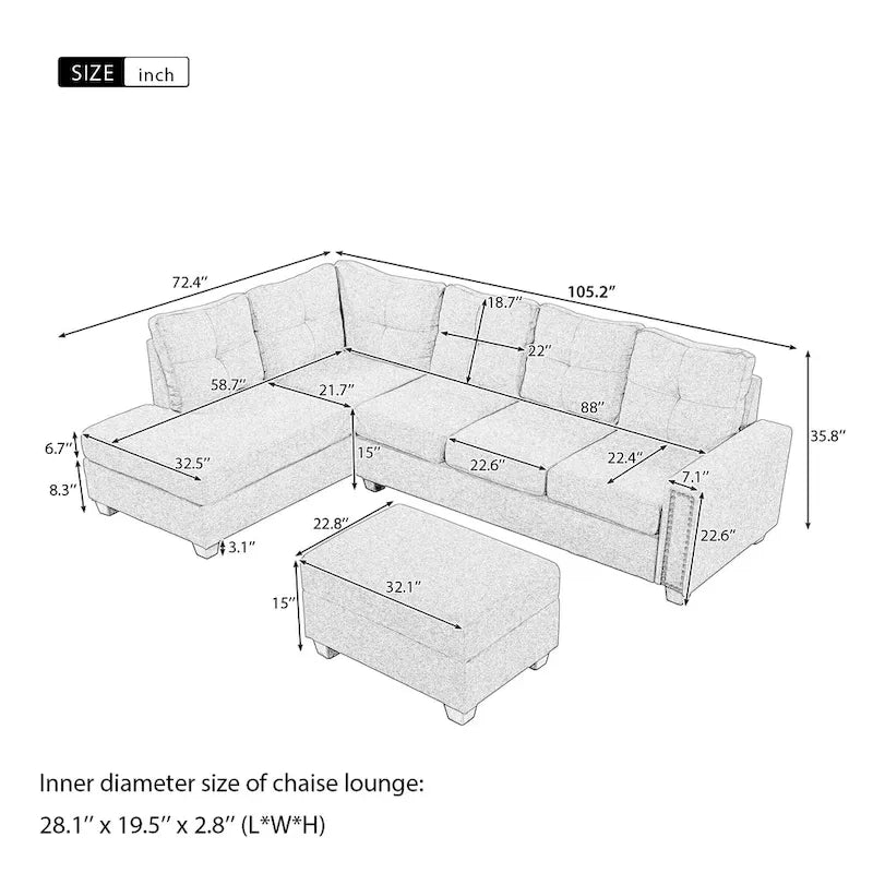 Grey 105.2  Reversible L-Shaped 6-Seater Sectional Sofa with Storage Ottoman and Cup Holders, Space-Saving Linen Design