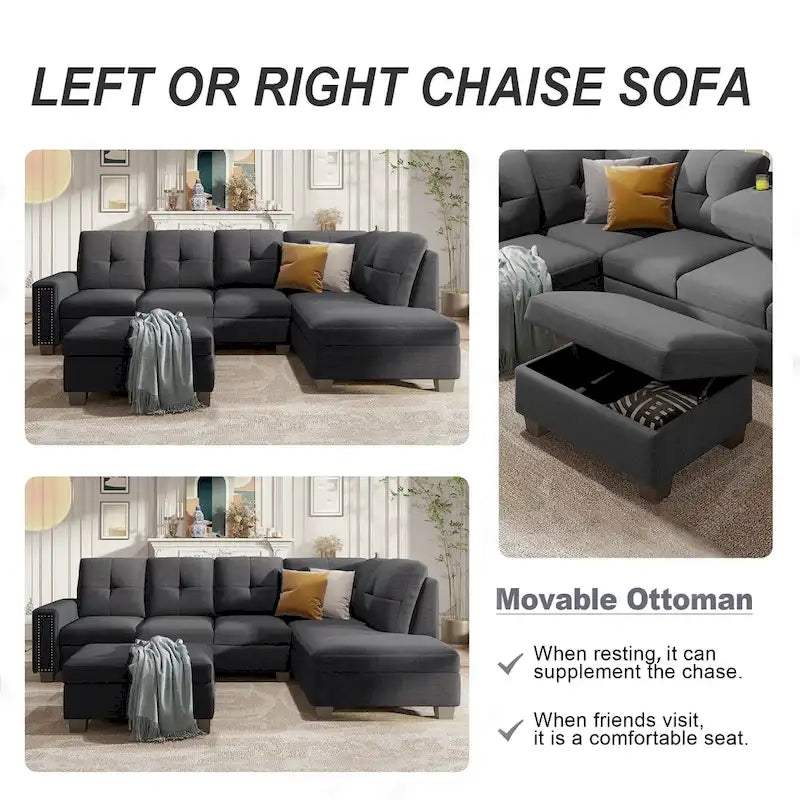 Grey 105.2  Reversible L-Shaped 6-Seater Sectional Sofa with Storage Ottoman and Cup Holders, Space-Saving Linen Design
