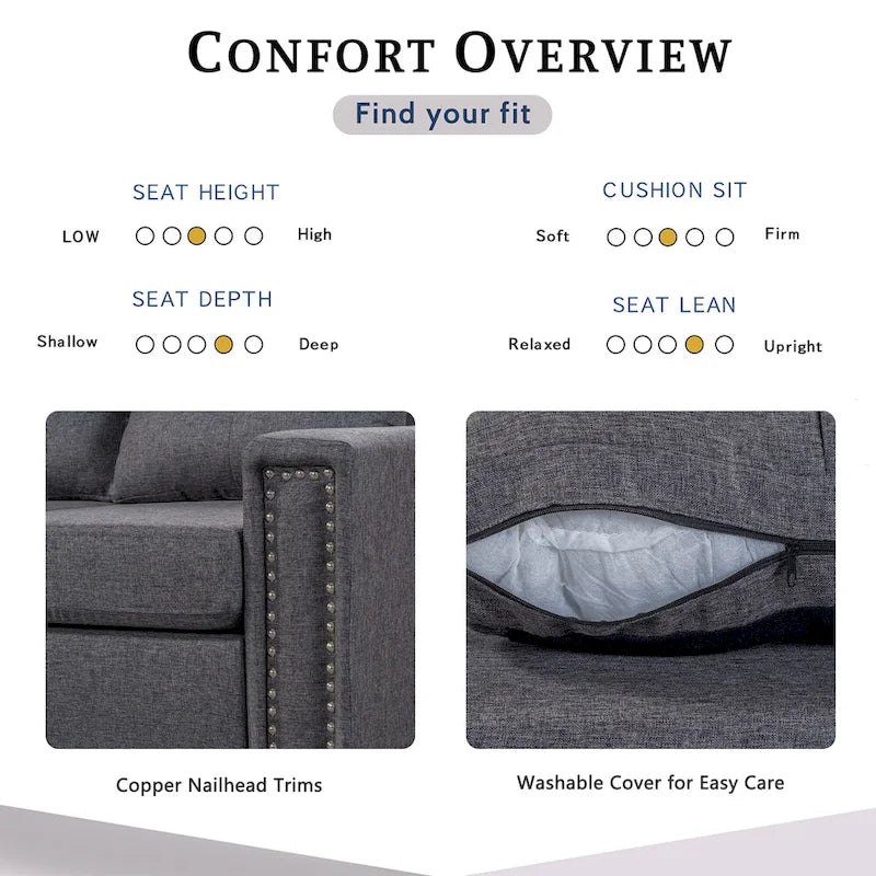 Grey 105.2  Reversible L-Shaped 6-Seater Sectional Sofa with Storage Ottoman and Cup Holders, Space-Saving Linen Design