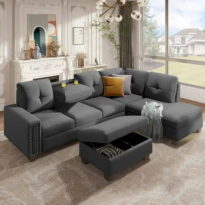 Grey 105.2  Reversible L-Shaped 6-Seater Sectional Sofa with Storage Ottoman and Cup Holders, Space-Saving Linen Design