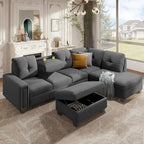 Grey 105.2  Reversible L-Shaped 6-Seater Sectional Sofa with Storage Ottoman and Cup Holders, Space-Saving Linen Design