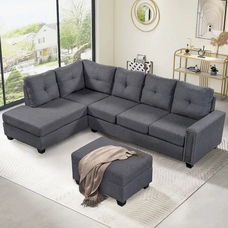 Grey 105.2  Reversible L-Shaped 6-Seater Sectional Sofa with Storage Ottoman and Cup Holders, Space-Saving Linen Design