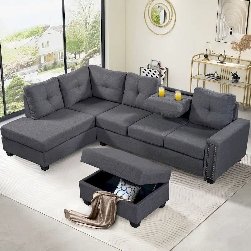 Grey 105.2  Reversible L-Shaped 6-Seater Sectional Sofa with Storage Ottoman and Cup Holders, Space-Saving Linen Design