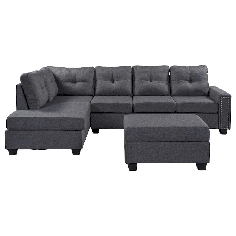 Grey 105.2  Reversible L-Shaped 6-Seater Sectional Sofa with Storage Ottoman and Cup Holders, Space-Saving Linen Design