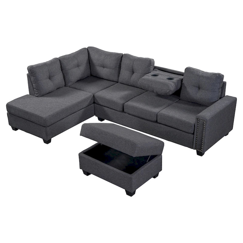 Grey 105.2  Reversible L-Shaped 6-Seater Sectional Sofa with Storage Ottoman and Cup Holders, Space-Saving Linen Design