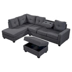 Grey 105.2  Reversible L-Shaped 6-Seater Sectional Sofa with Storage Ottoman and Cup Holders, Space-Saving Linen Design