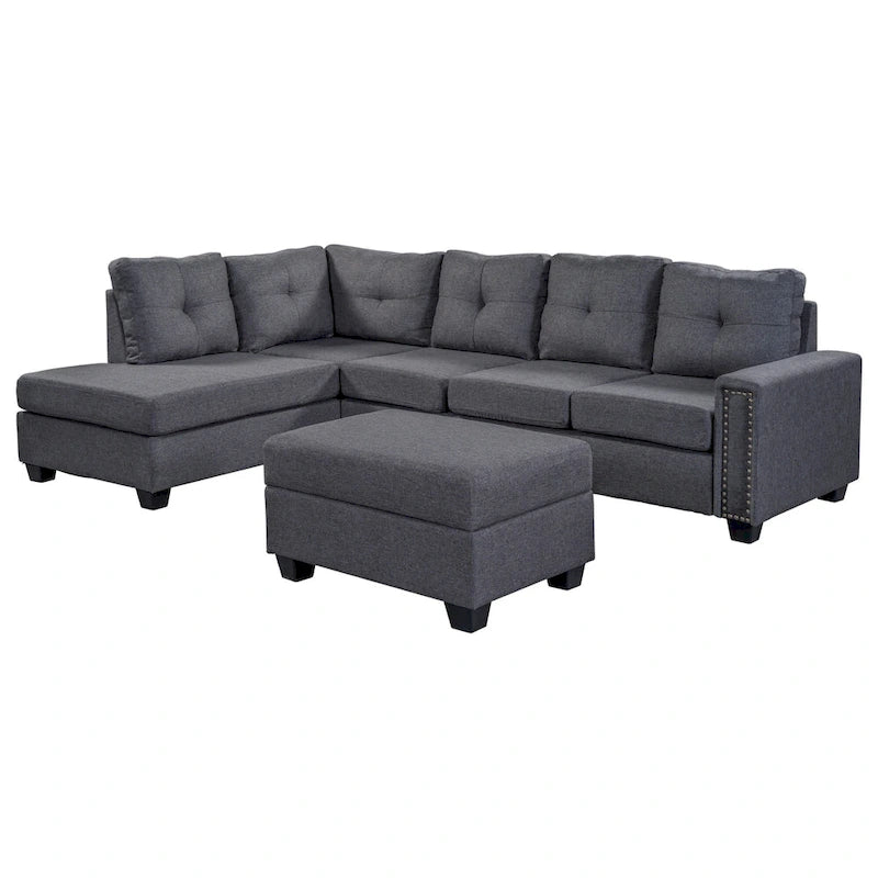Grey 105.2  Reversible L-Shaped 6-Seater Sectional Sofa with Storage Ottoman and Cup Holders, Space-Saving Linen Design