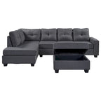 Grey 105.2  Reversible L-Shaped 6-Seater Sectional Sofa with Storage Ottoman and Cup Holders, Space-Saving Linen Design