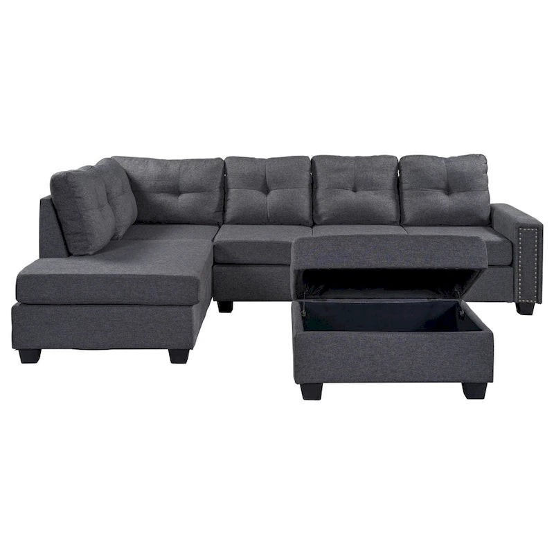 Grey 105.2  Reversible L-Shaped 6-Seater Sectional Sofa with Storage Ottoman and Cup Holders, Space-Saving Linen Design