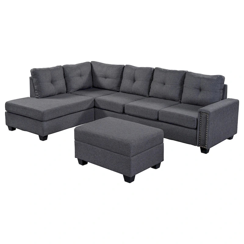 Grey 105.2  Reversible L-Shaped 6-Seater Sectional Sofa with Storage Ottoman and Cup Holders, Space-Saving Linen Design