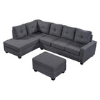 Grey 105.2  Reversible L-Shaped 6-Seater Sectional Sofa with Storage Ottoman and Cup Holders, Space-Saving Linen Design