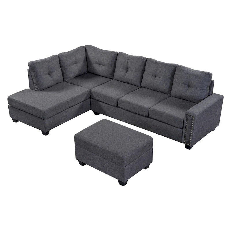 Grey 105.2  Reversible L-Shaped 6-Seater Sectional Sofa with Storage Ottoman and Cup Holders, Space-Saving Linen Design