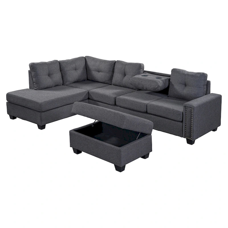 Grey 105.2  Reversible L-Shaped 6-Seater Sectional Sofa with Storage Ottoman and Cup Holders, Space-Saving Linen Design