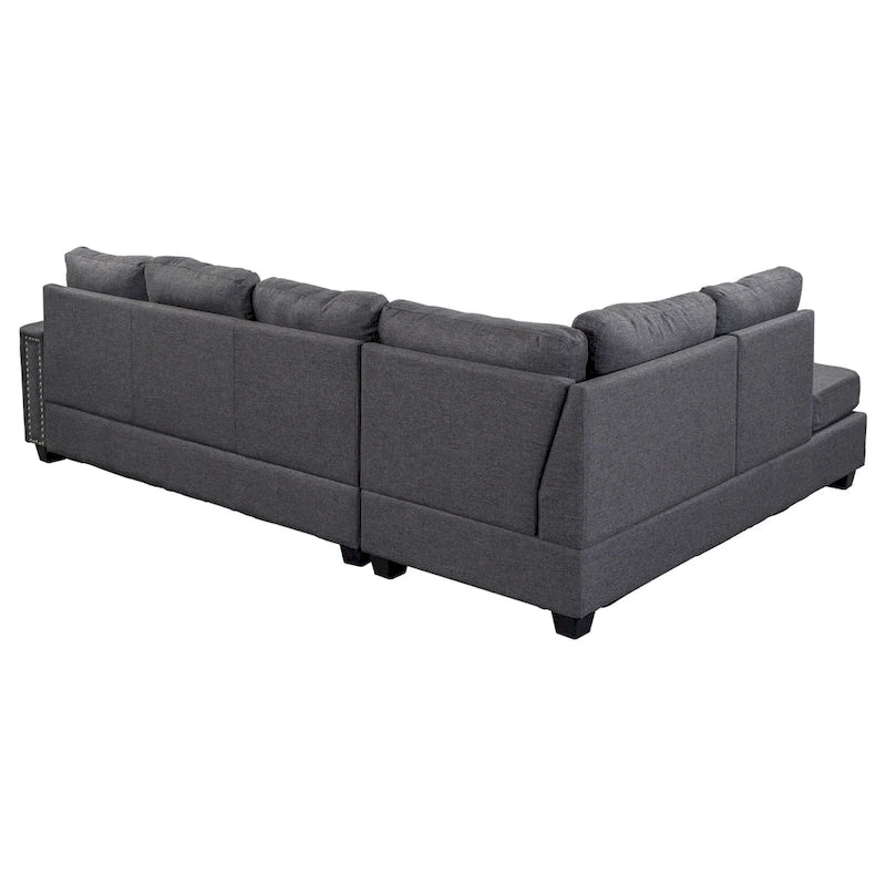 Grey 105.2  Reversible L-Shaped 6-Seater Sectional Sofa with Storage Ottoman and Cup Holders, Space-Saving Linen Design