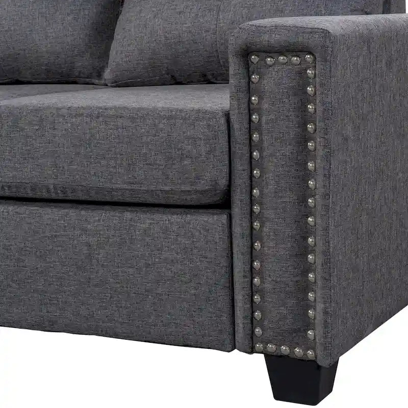 Grey 105.2  Reversible L-Shaped 6-Seater Sectional Sofa with Storage Ottoman and Cup Holders, Space-Saving Linen Design