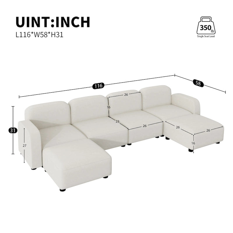 116  Modular U-Shaped Velvet 6-Seat Sectional Sofa with Two Ottomans, Reversible Design for Customizable Living Space