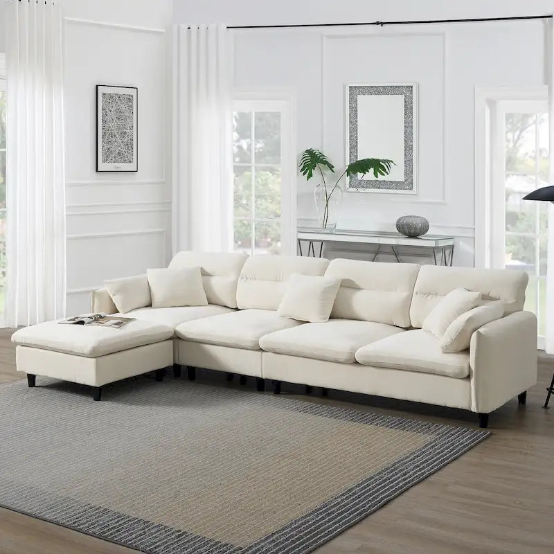 110  Modern L-Shaped Convertible 5-Seat Sectional Sofa with Removable Ottoman and 5 Cushions, Plush Chenille Fabric
