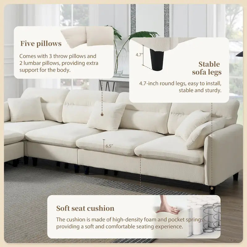110  Modern L-Shaped Convertible 5-Seat Sectional Sofa with Removable Ottoman and 5 Cushions, Plush Chenille Fabric