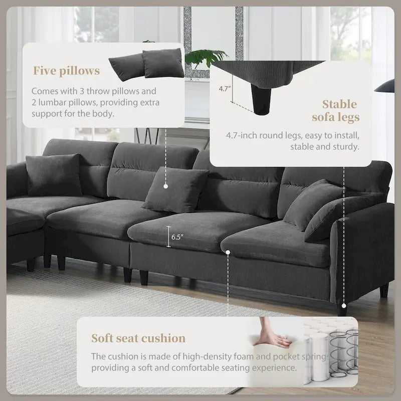 110  Modern L-Shaped Convertible 5-Seat Sectional Sofa with Removable Ottoman and 5 Cushions, Plush Chenille Fabric