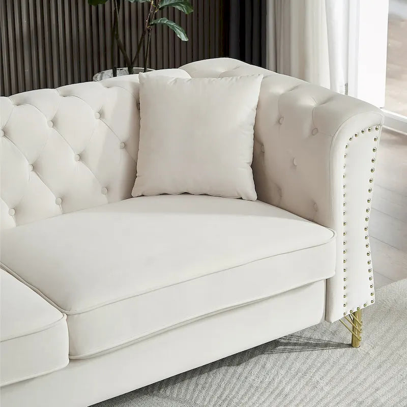 Beige 60.2  Velvet 2 Seater Sofa Couch with Metal Feet, 2 Pillows, Nailhead Trim, Solid Wood Frame and Foam Padding