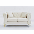 Beige 60.2  Velvet 2 Seater Sofa Couch with Metal Feet, 2 Pillows, Nailhead Trim, Solid Wood Frame and Foam Padding