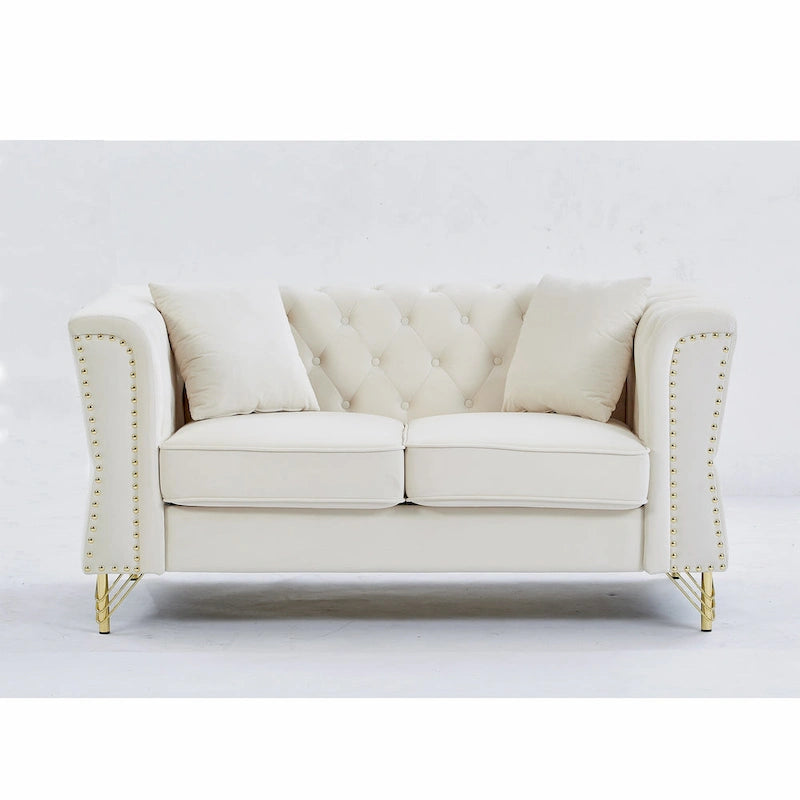 Beige 60.2  Velvet 2 Seater Sofa Couch with Metal Feet, 2 Pillows, Nailhead Trim, Solid Wood Frame and Foam Padding