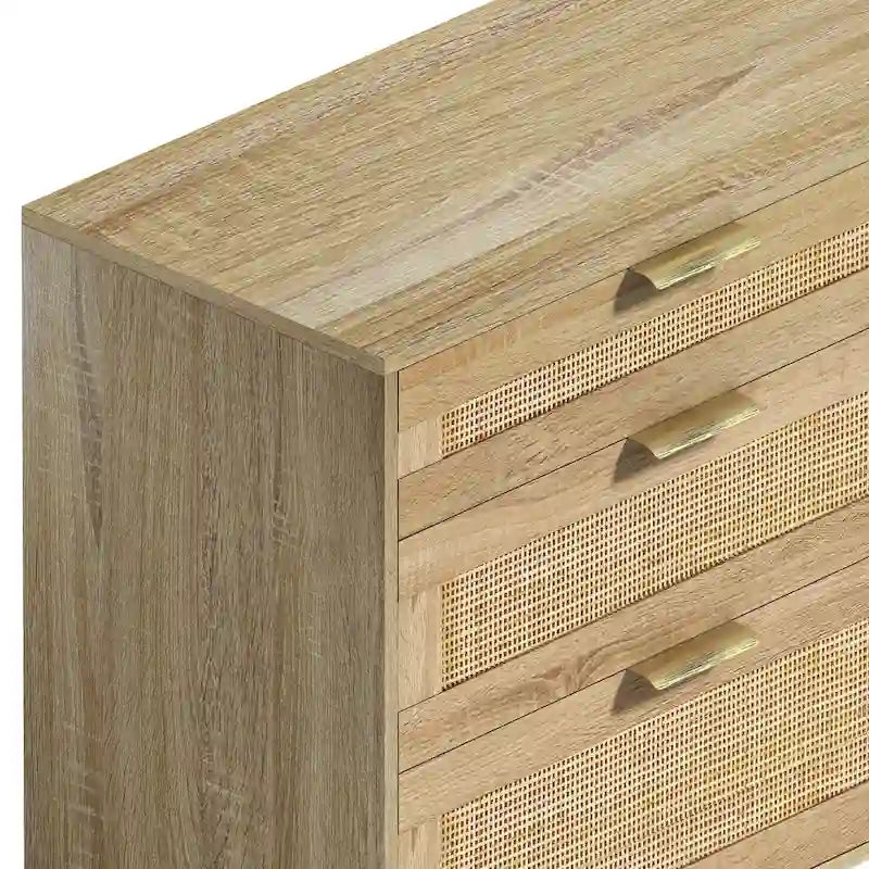Rattan 6-Drawer Double Dresser with Metal Handle, Wood Legs, Clothes Storage Cabinet for Bedroom