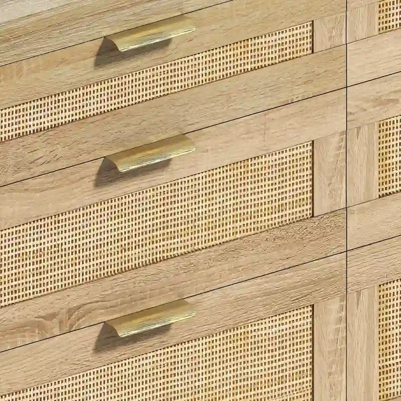 Rattan 6-Drawer Double Dresser with Metal Handle, Wood Legs, Clothes Storage Cabinet for Bedroom