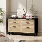 Rattan 6-Drawer Double Dresser with Metal Handle, Wood Legs, Clothes Storage Cabinet for Bedroom