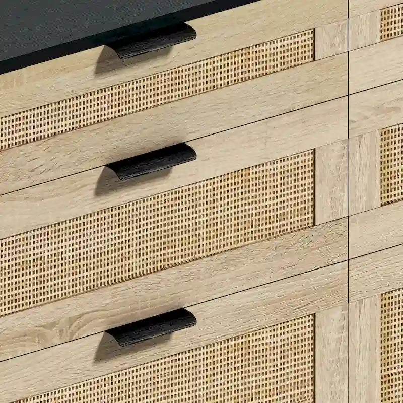 Rattan 6-Drawer Double Dresser with Metal Handle, Wood Legs, Clothes Storage Cabinet for Bedroom