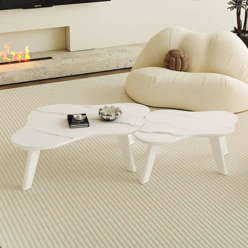 Modern 2-Piece Cloud Shaped Coffee Table Set with Solid Wood Legs and MDF Panel for Living Room