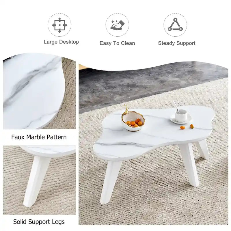 Modern 2-Piece Cloud Shaped Coffee Table Set with Solid Wood Legs and MDF Panel for Living Room