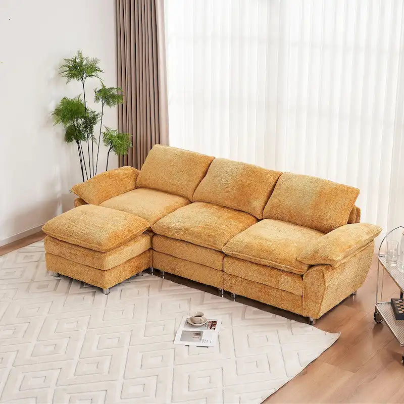 Yellow 101.6  Chenille L-Shaped Sectional Sofa with Ottoman