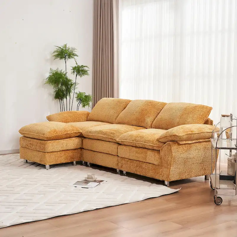 Yellow 101.6  Chenille L-Shaped Sectional Sofa with Ottoman