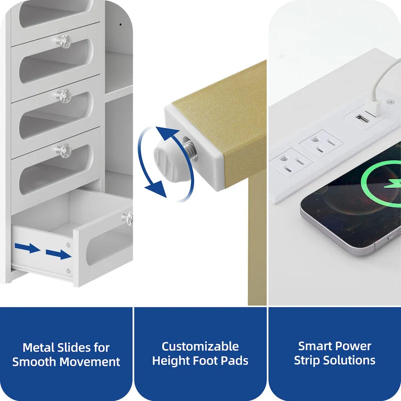 Moasis 5 Drawers L-Shape Nail Desk Set with Cushioned Stool and LED Light