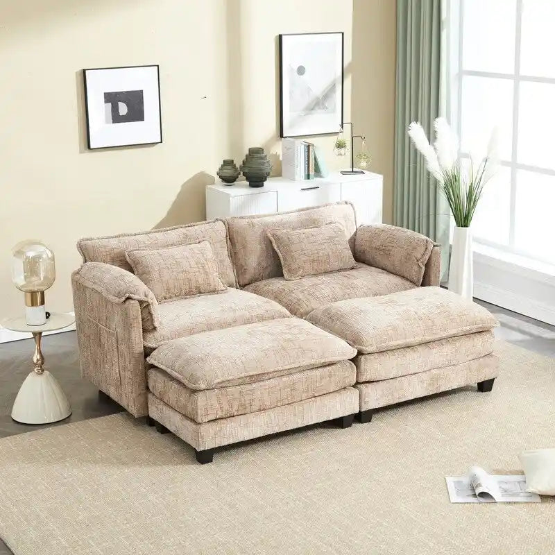 76.77  Chenille Upholstered Sofa with 2 Ottomans