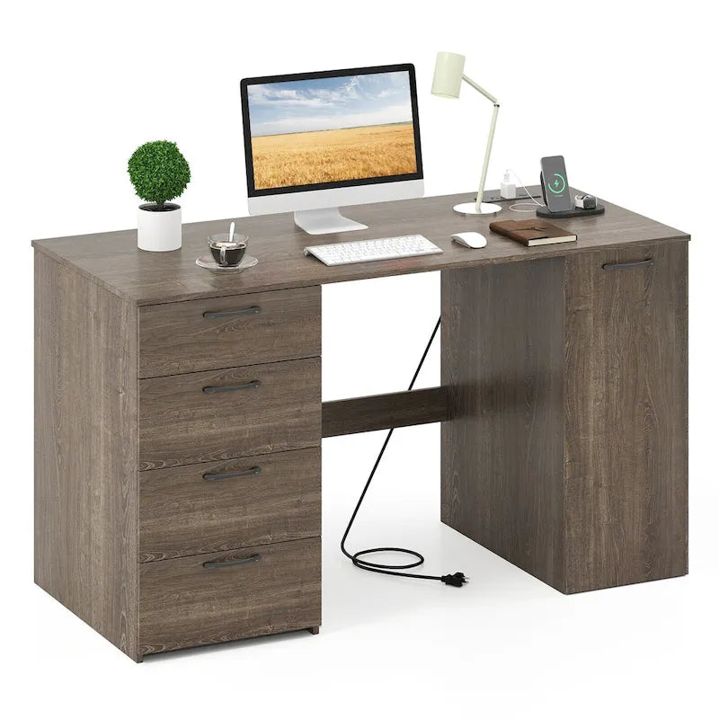 Home Office Desk 53 Inch with USB Ports Outlets and Storage Drawers