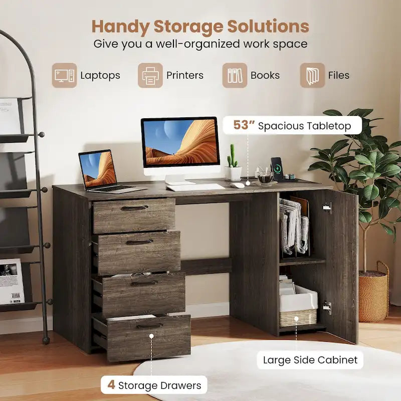 Home Office Desk 53 Inch with USB Ports Outlets and Storage Drawers
