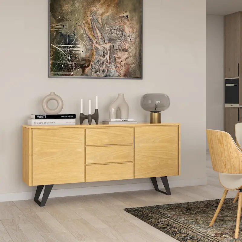 WYNDENHALL Mitchell Metal 60 inch Wide Rectangle Modern Industrial Sideboard Buffet in OAK WOOD - 60  x 17  x 30