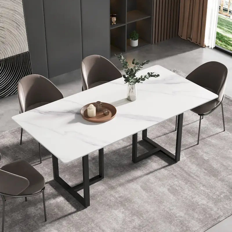 71  White Marble Dining Table for 6-8,Rectangular Tabletop and Triangular Carbon Steel Legs