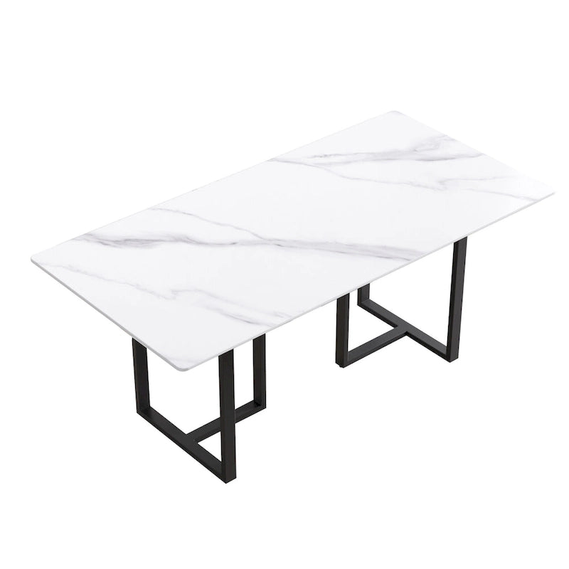 71  White Marble Dining Table for 6-8,Rectangular Tabletop and Triangular Carbon Steel Legs