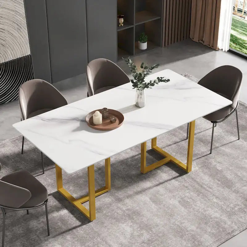 71  White Marble Dining Table for 6-8,Rectangular Tabletop and Triangular Carbon Steel Legs