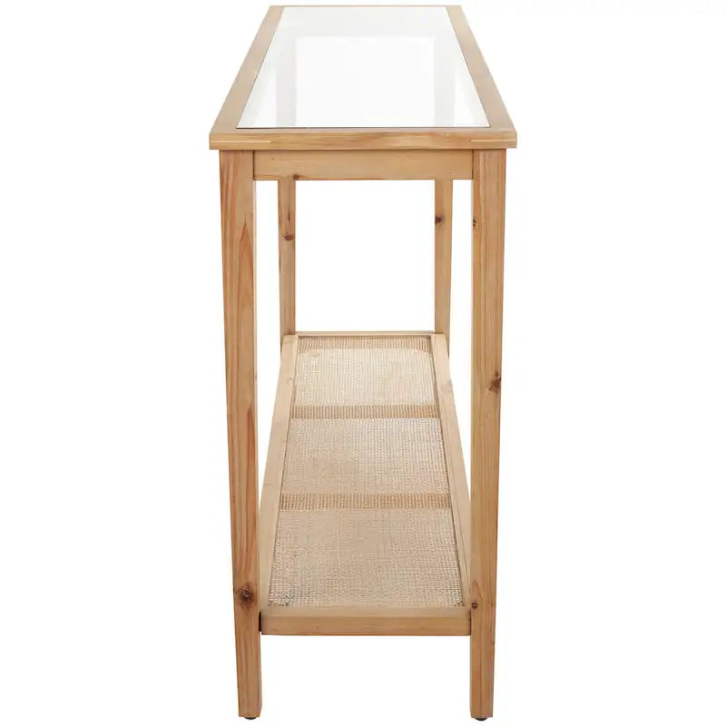 Wood Slim Natural 1 Shelf Console Table with Glass Top and Rattan Shelf - Brown - Roche River Decor - 14 Wx47 Lx32 H