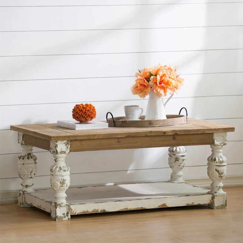 Rectangle Antique White Washed Wooden Coffee Table
