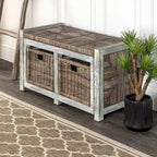 happimess Rustic 30  2 Drawer Wicker Storage Bench, Gray